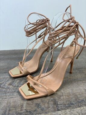 Schutz Vikki Nude Lace-Up Heeled Sandals | Gold Accent Square Toe Heels 7.5